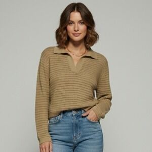 Carve Designs‎ Women XL Knit Polo Sweater Long Sleeve Tan Cropped Casual Preppy